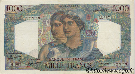 1000 Francs MINERVE ET HERCULE FRANKREICH  1950 F.41.33 SS