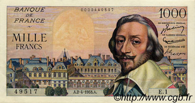 1000 Francs RICHELIEU FRANCE  1953 F.42.01 AU-