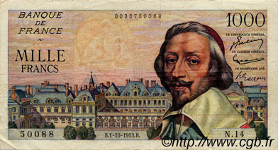 1000 Francs RICHELIEU FRANCIA  1953 F.42.03 q.BB