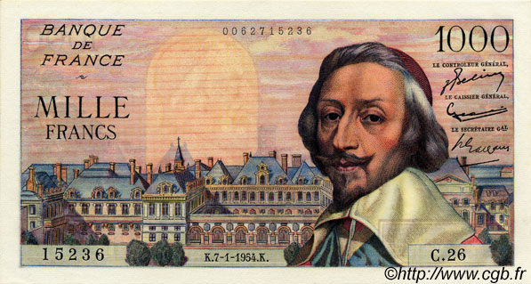1000 Francs RICHELIEU FRANKREICH  1954 F.42.04 fST