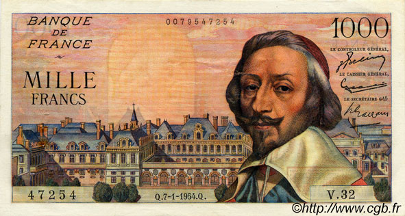 1000 Francs RICHELIEU FRANCE  1954 F.42.04 XF