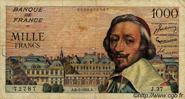1000 Francs RICHELIEU FRANCIA  1954 F.42.05 q.MB