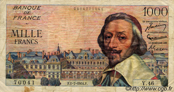 1000 Francs RICHELIEU FRANCIA  1954 F.42.06 q.MB