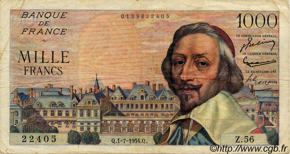 1000 Francs RICHELIEU FRANCIA  1954 F.42.06 BC