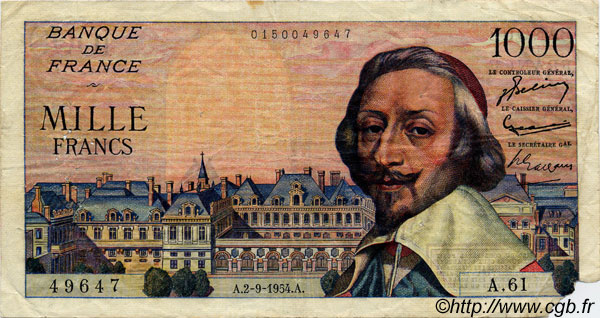 1000 Francs RICHELIEU FRANCE  1954 F.42.07 F