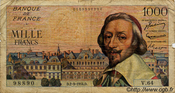 1000 Francs RICHELIEU FRANKREICH  1954 F.42.07 SGE