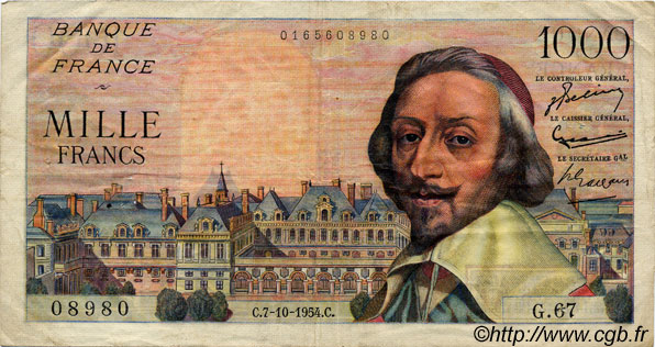 1000 Francs RICHELIEU FRANCE  1954 F.42.08 VF