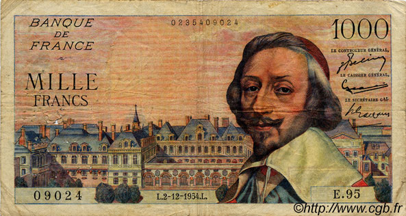 1000 Francs RICHELIEU FRANCIA  1954 F.42.09 q.MB