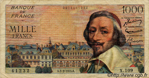 1000 Francs RICHELIEU FRANCE  1955 F.42.11 F