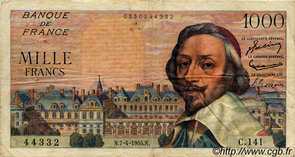 1000 Francs RICHELIEU FRANCIA  1955 F.42.12 q.BB