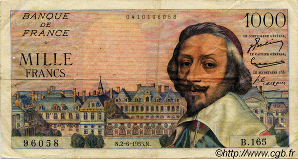 1000 Francs RICHELIEU FRANCIA  1955 F.42.14 MBC