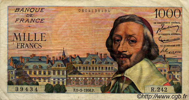 1000 Francs RICHELIEU FRANCE  1956 F.42.19 VF-