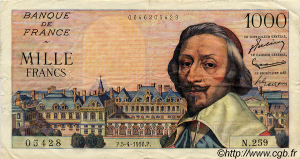1000 Francs RICHELIEU FRANCIA  1956 F.42.20 BB