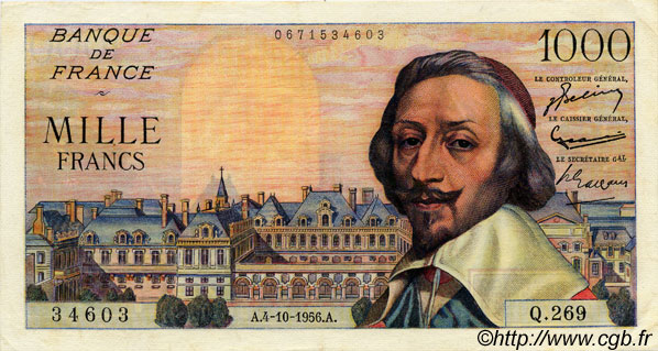 1000 Francs RICHELIEU FRANKREICH  1956 F.42.22 VZ+