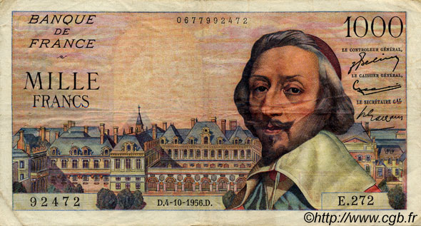 1000 Francs RICHELIEU FRANCE  1956 F.42.22 VF