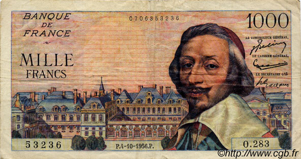 1000 Francs RICHELIEU FRANCE  1956 F.42.22 F+