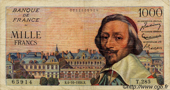 1000 Francs RICHELIEU FRANKREICH  1956 F.42.22 SGE to S