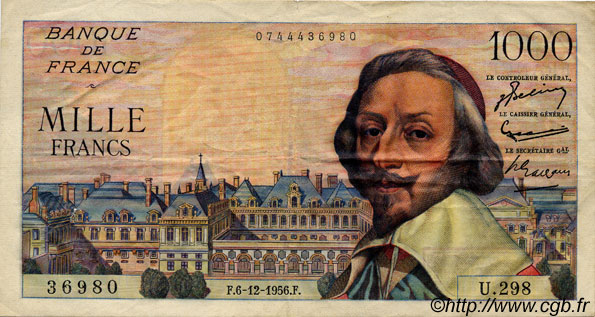 1000 Francs RICHELIEU FRANCE  1956 F.42.24 VF