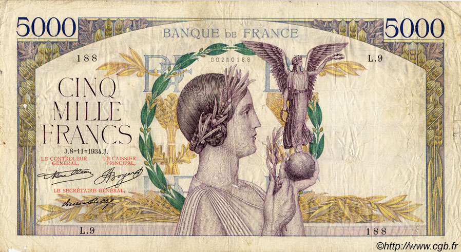 5000 Francs VICTOIRE FRANCIA  1934 F.44.01 B