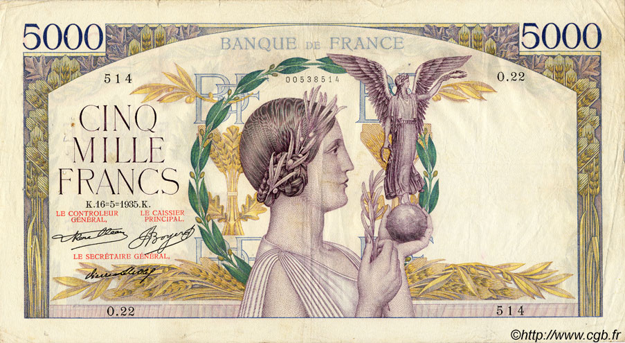 5000 Francs VICTOIRE FRANCIA  1935 F.44.02 q.BB