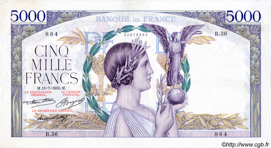 5000 Francs VICTOIRE FRANKREICH  1935 F.44.03 fVZ