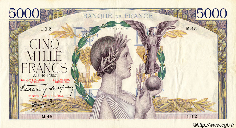 5000 Francs VICTOIRE modifié, taille douce Numéro spécial FRANCIA  1938 F.45.01 MBC+ a EBC