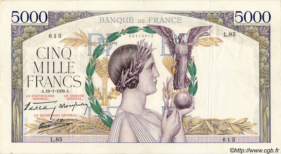 5000 Francs VICTOIRE Impression à plat  FRANCE  1939 F.46.02 VF+