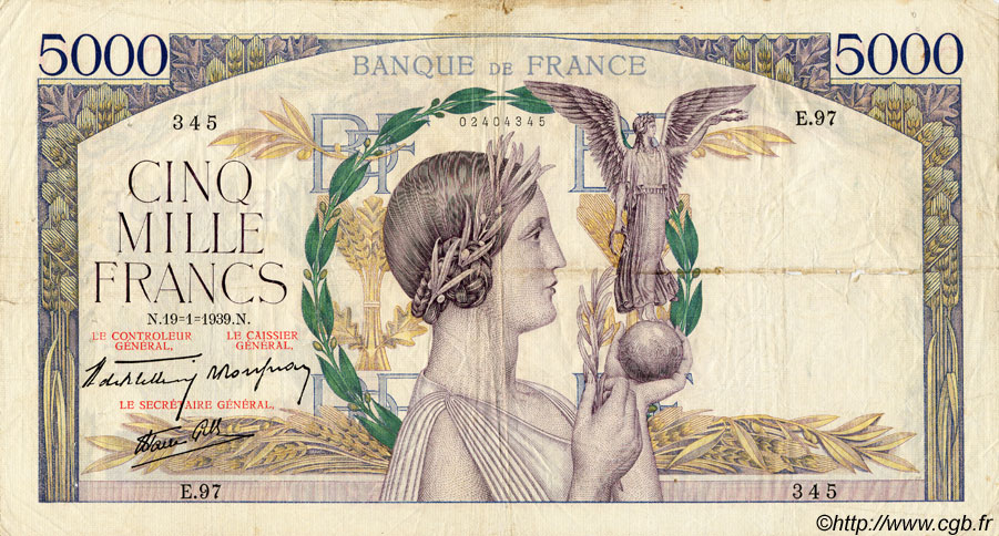 5000 Francs VICTOIRE Impression à plat FRANCE  1939 F.46.02 VG