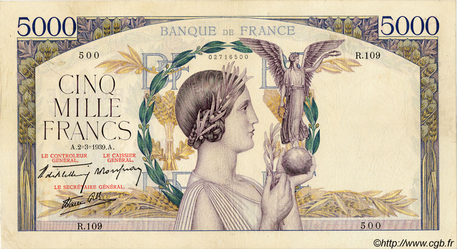 5000 Francs VICTOIRE Impression à plat FRANKREICH  1939 F.46.03 fSS
