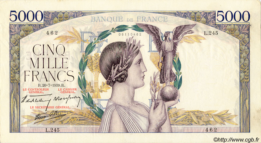 5000 Francs VICTOIRE Impression à plat FRANCIA  1939 F.46.08 q.SPL