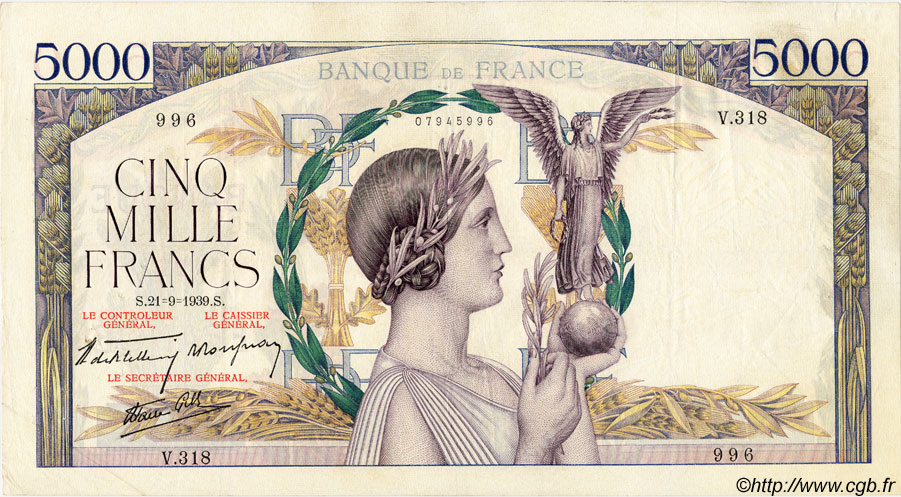 5000 Francs VICTOIRE Impression à plat FRANCIA  1939 F.46.11 q.BB