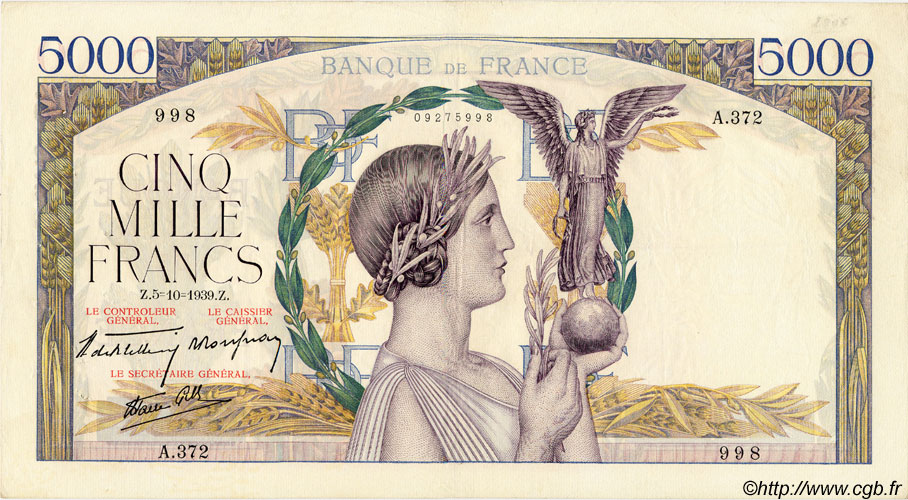 5000 Francs VICTOIRE Impression à plat FRANCE  1939 F.46.13 TTB