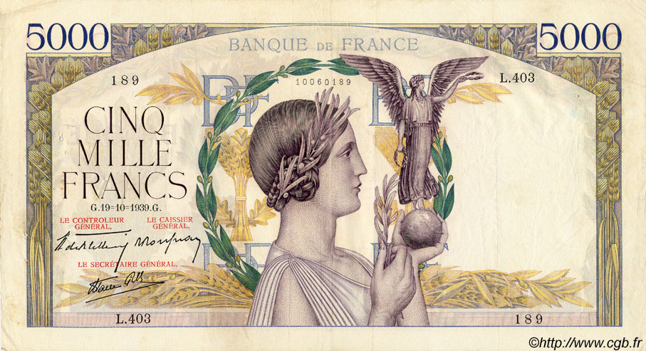5000 Francs VICTOIRE Impression à plat FRANCE  1939 F.46.15 VF-