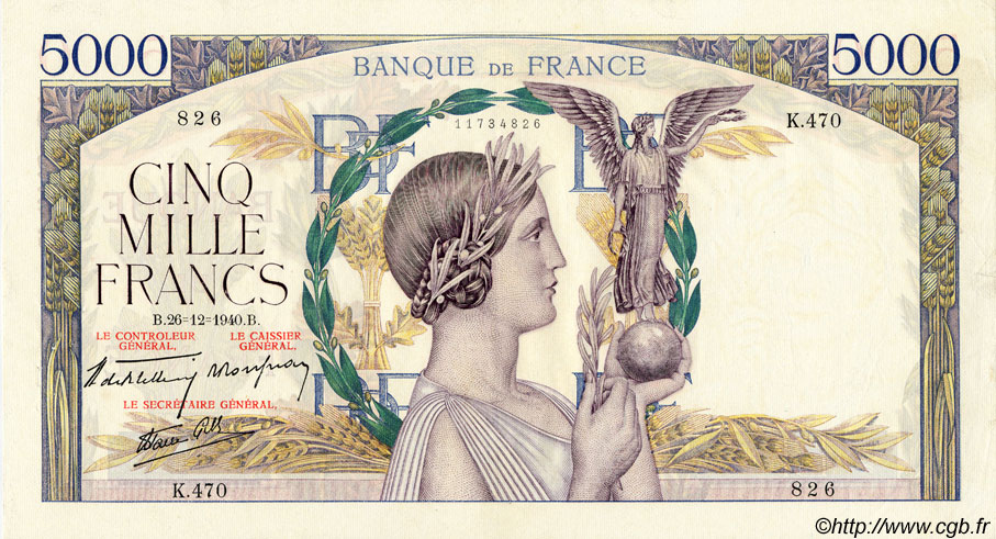 5000 Francs VICTOIRE Impression à plat FRANCE  1940 F.46.18 XF