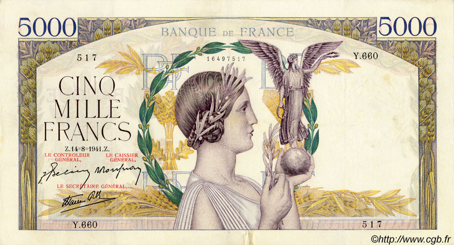 5000 Francs VICTOIRE Impression à plat FRANCIA  1941 F.46.25 MBC
