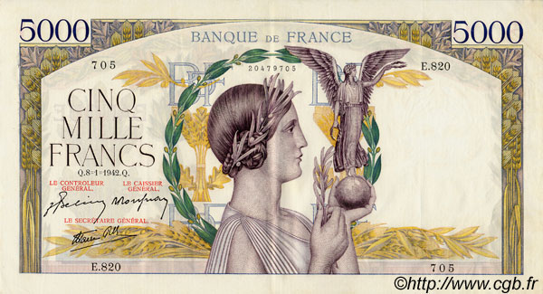 5000 Francs VICTOIRE Impression à plat FRANCE  1942 F.46.32 XF+