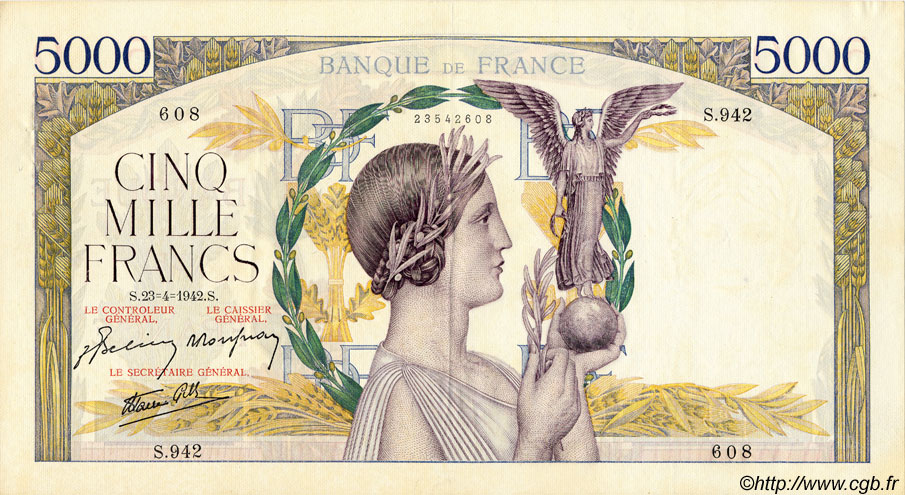 5000 Francs VICTOIRE Impression à plat FRANCIA  1942 F.46.37 EBC