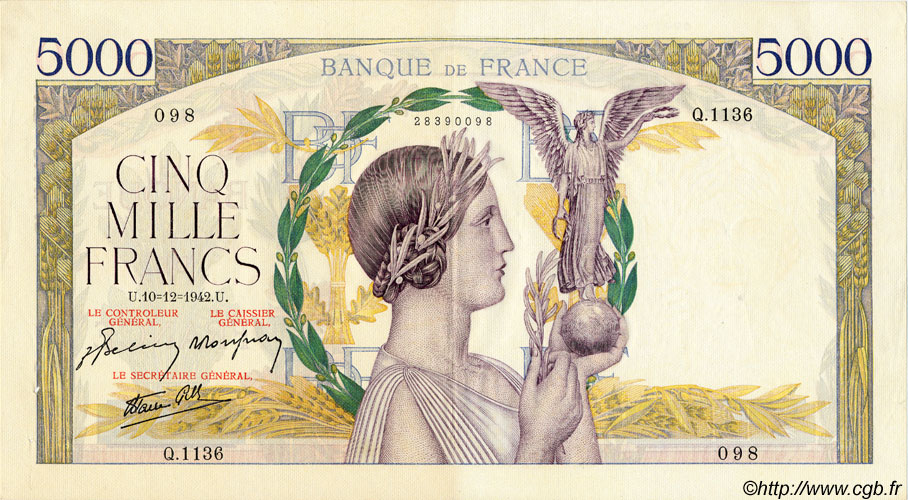 5000 Francs VICTOIRE Impression à plat FRANCE  1942 F.46.45 XF