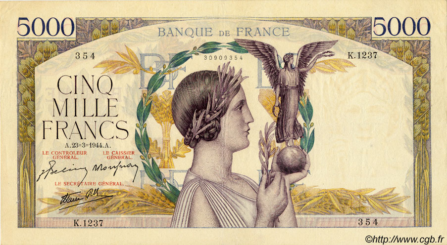 5000 Francs VICTOIRE Impression à plat FRANCIA  1944 F.46.50 q.SPL