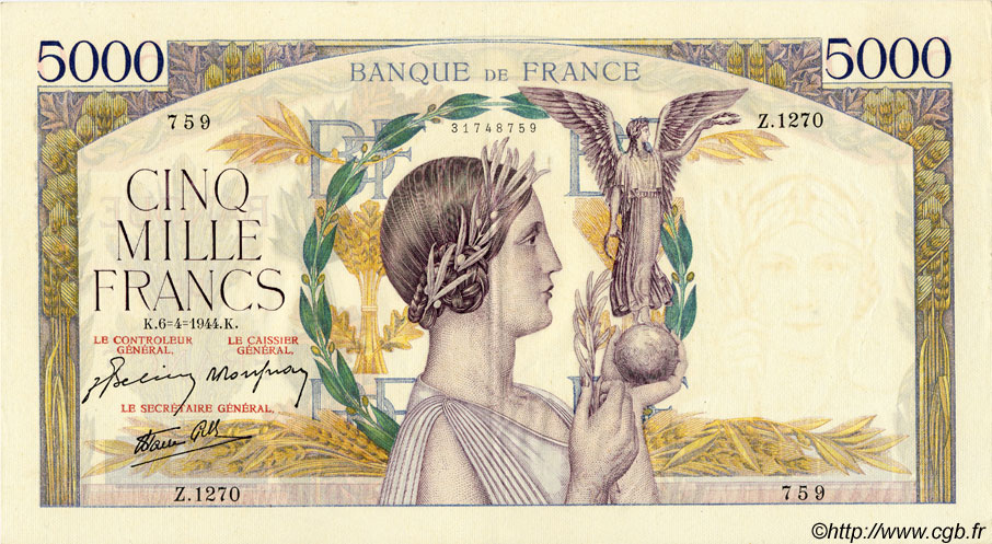 5000 Francs VICTOIRE Impression à plat FRANCIA  1944 F.46.51 EBC