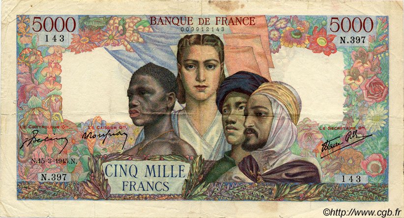 5000 Francs EMPIRE FRANÇAIS FRANCIA  1945 F.47.17 q.MB