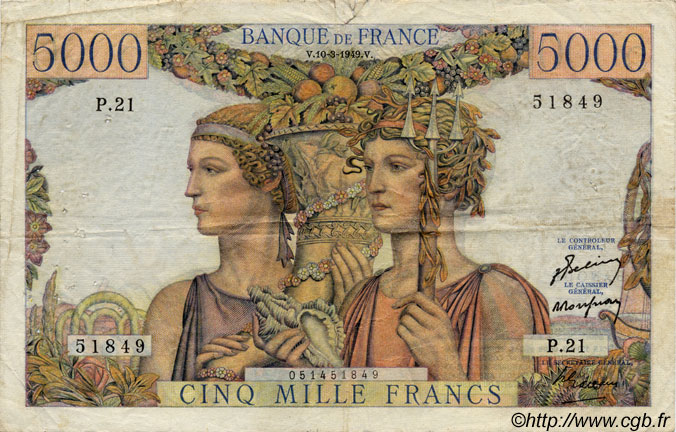 5000 Francs TERRE ET MER FRANCIA  1949 F.48 q.MB