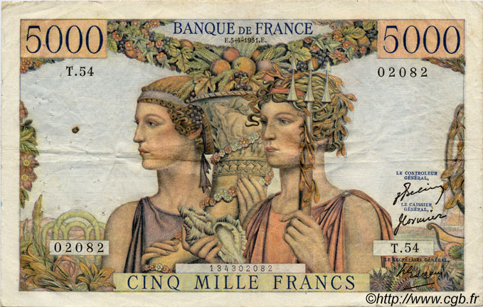 5000 Francs TERRE ET MER FRANCE  1949 F.48 F - VF