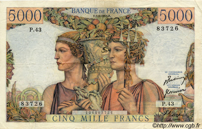 5000 Francs TERRE ET MER FRANCIA  1951 F.48.03 MBC
