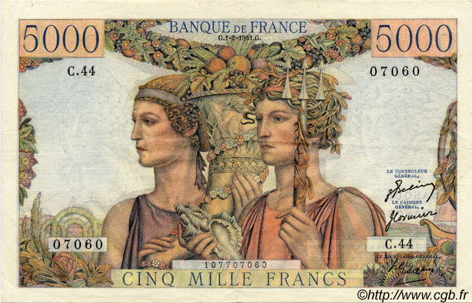 5000 Francs TERRE ET MER FRANCE  1951 F.48.03 VF+