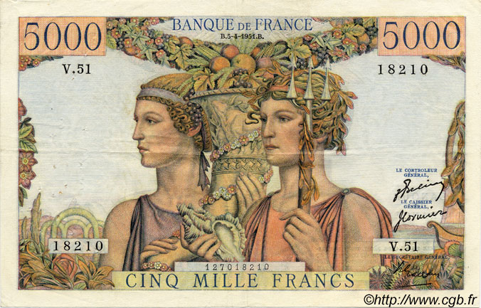 5000 Francs TERRE ET MER FRANKREICH  1951 F.48.04 SS