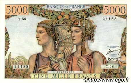 5000 Francs TERRE ET MER FRANCE  1951 F.48.04 AU-