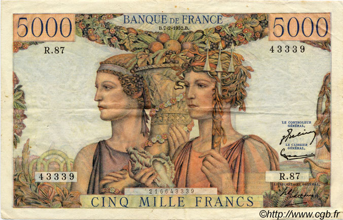 5000 Francs TERRE ET MER FRANCE  1952 F.48.06 VF