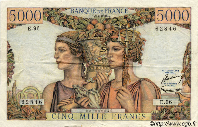 5000 Francs TERRE ET MER FRANCIA  1952 F.48.06 MBC