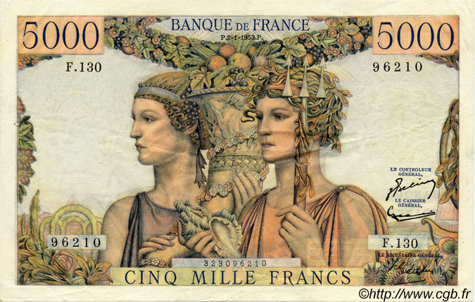 5000 Francs TERRE ET MER FRANCE  1953 F.48.08 VF - XF